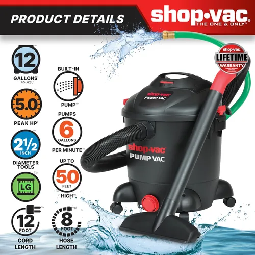 Miniatura 2 de Shop-Vac 5871205 Aspiradora con bomba de agua en seco y húmedo de 12 galones con bomba de agua incorporada, 5.0 CV pico, 2.5 pulgadas de diámetro x