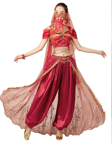 ORIDOOR Conjunto de disfraz de princesa Aladdin Jasmine para mujer danza del vientre para baile del vientre para fiesta de disfraces traje de 5