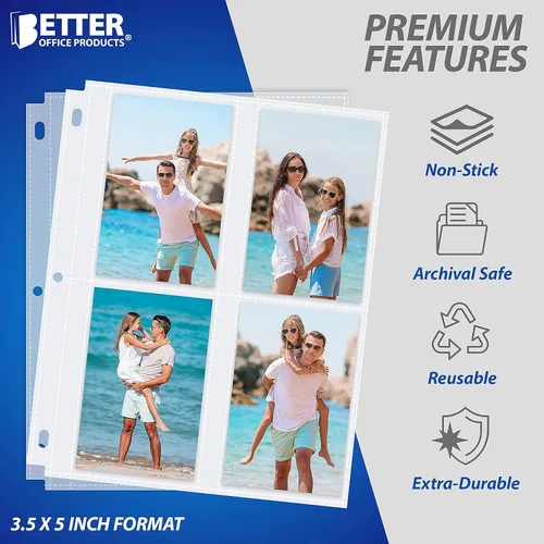 Miniatura 5 de Hojas de repuesto para álbum de fotos, 3.5 x 5 pulgadas, pesadas, transparentes con 3 anillos de diamante Better Office Products