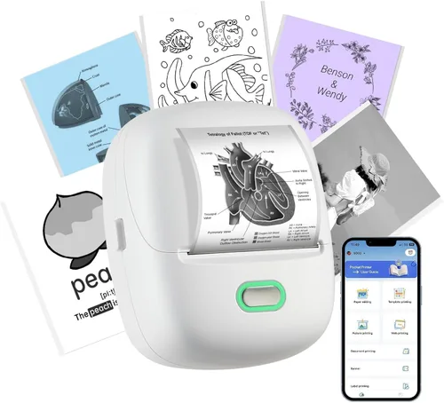 ORGSTA Impresora de calcomanías Mini impresora S002 PrintPods Bluetooth portátil con 1 rollo de papel térmica sin tinta impresora impresora portátil