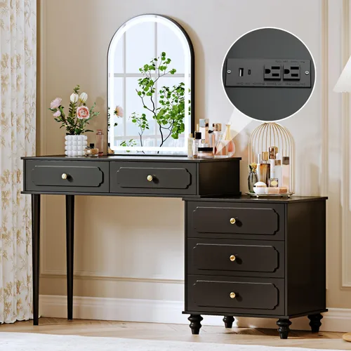 Ieejdn Negro, Escritorio de tocador con espejo y luces, Tocador de maquillaje con toma de corriente y gabinete ajustable, Mesa de maquillaje moderna