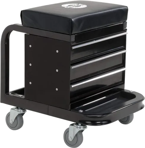 Taburete mecánico Omega-Lift con ruedas – Caja de herramientas con asiento de silla acolchado y ruedas rodantes para garaje – Capacidad de 450 libras