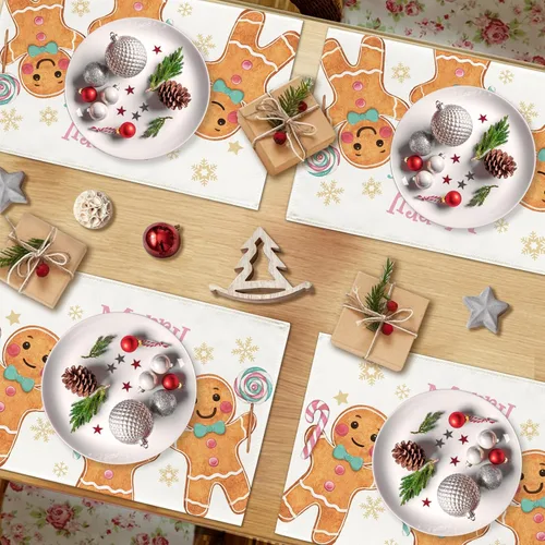 Miniatura 6 de Seliem Juego de 4 manteles individuales de hombre de jengibre con texto en inglés "Merry Christmas" con diseño de muñeco de jengibre, color rosa