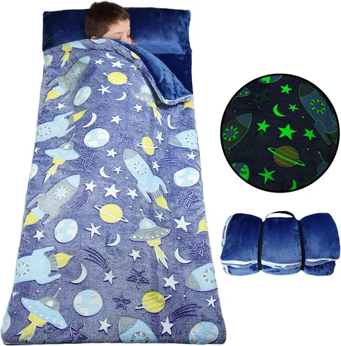 Miniatura 2 de Saco de dormir para niños que brilla en la oscuridad, para niñas y niños, tapete para siesta de 62 x 28 pulgadas, suave y cómodo para fiestas