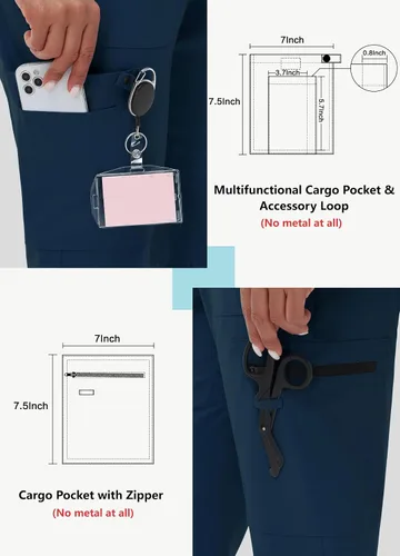 Miniatura 4 de Pantalones quirúrgicos de cintura alta para mujer, 8 bolsillos, ajustados, cintura cónica, puños acanalados en los tobillos