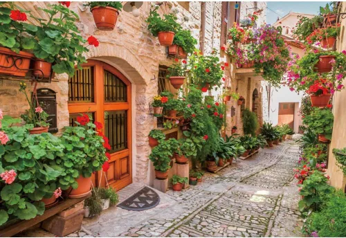 Miniatura 5 de Leyiyi Telón de fondo de flores de primavera de 9 x 6 pies con diseño de aliados de pueblo italiano, flores, arquitectura medieval, vacaciones