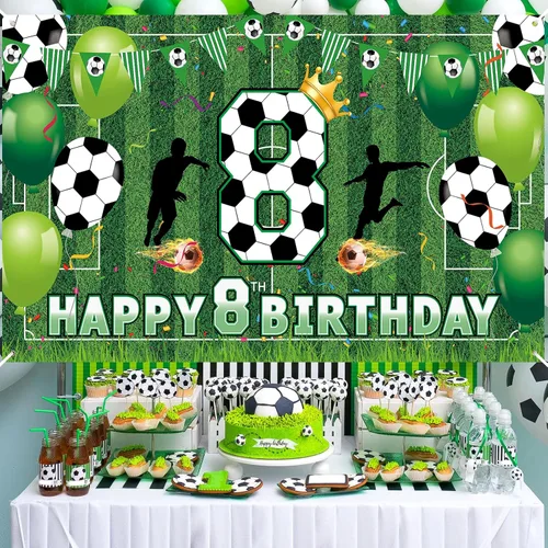 Miniatura 3 de Decoraciones de fiesta de 8 cumpleaños de fútbol – Cartel de feliz cumpleaños para niños, niños, adolescentes – Suministros grandes para fiestas