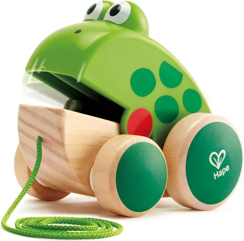 Hape Rana para jalar | Juguete de madera para niños pequeños con rana voladora, colores brillantes