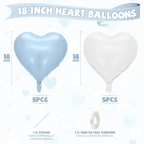 Miniatura 2 de Globos de corazón azul bebé, 10 piezas de globos en forma de corazón azul claro y blanco pastel, globos de papel de aluminio blanco arena crema