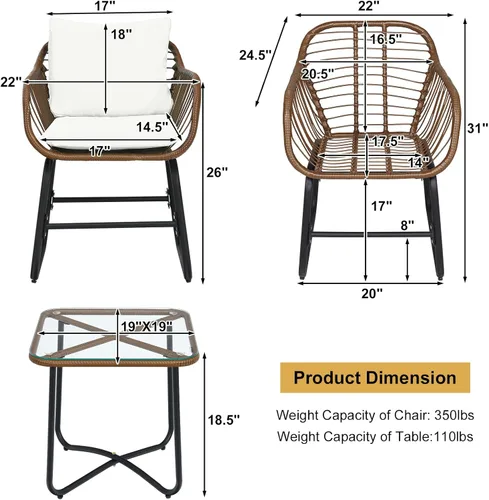 Miniatura 2 de COSTWAY 3PCS Patio Rattan Bistro Set Silla acolchada Mesa de vidrio Cubierta Blanco 3-Como se muestra en la imagen.
