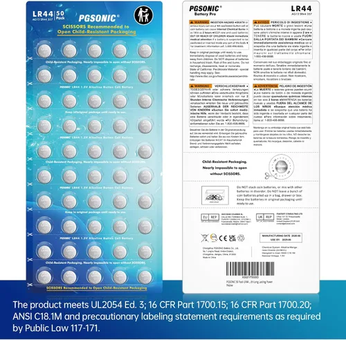 Miniatura 6 de PGSONIC Paquete de 50 baterías LR44, pilas de botón alcalinas de 1.5 voltios con potencia de larga duración