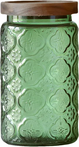 ANSQU Recipiente de almacenamiento de vidrio vintage, tarro de vidrio verde con tapa de madera maciza, tarro decorativo de 34 onzas líquidas para