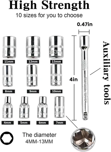 Miniatura 5 de Egofine Juego de llaves de trinquete de enchufe mini de 12 piezas de 1/4 pulgada, juego de enchufes de accionamiento con 10 enchufes (4-13mm)