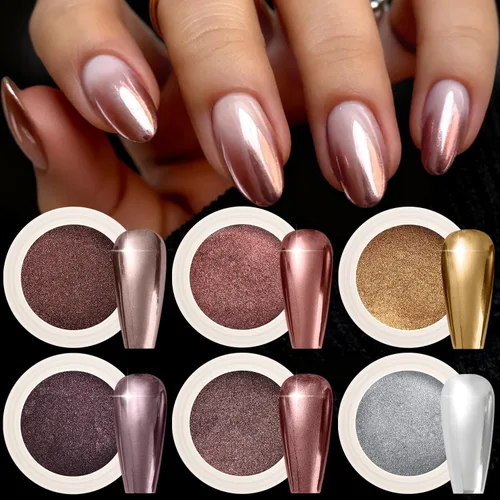 Juego de polvo para uñas cromado marrón de 6 colores, polvo de pigmento cromado chocolate, cobre, bronce para uñas, efecto espejo metálico y