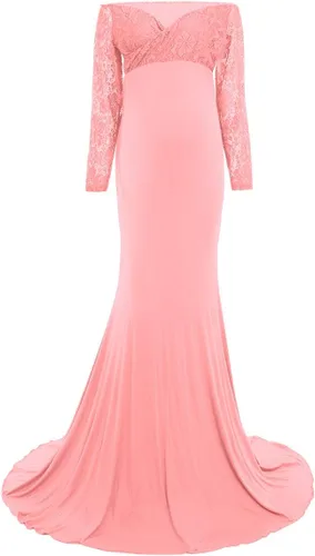 Miniatura 2 de Vestido de maternidad de manga larga con hombros descubiertos para mujer, para fotografía, baby shower con cinturón de flores para sesión de fotos