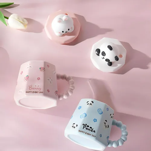 Miniatura 4 de Taza GawmFoiuy Mark con pajita, taza de cerámica con estampado de animales, 414 ml, tazas de café y té kawaii, tazas de animales divertidas, taza
