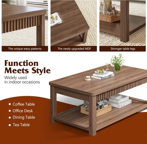 Miniatura 4 de Homkdom Mesa de Café, Mesas de Café Modernas de 39 Pulgadas para Sala de Estar con Almacenamiento de 2 Niveles y Borde Ondulado, Mesa Central