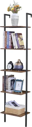 Miniatura 12 de Tajsoon Estante de escalera de 5 niveles con luz, estante de madera para libros montado en la pared, estantería de escalera con marco de metal