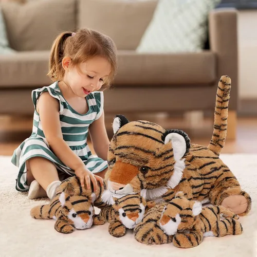 MorisMos Juguetes de Peluche de Tigre - Conjunto Suave de Peluche de Tigre Mamá y Bebés, Tamaño Grande, 20 pulgadas