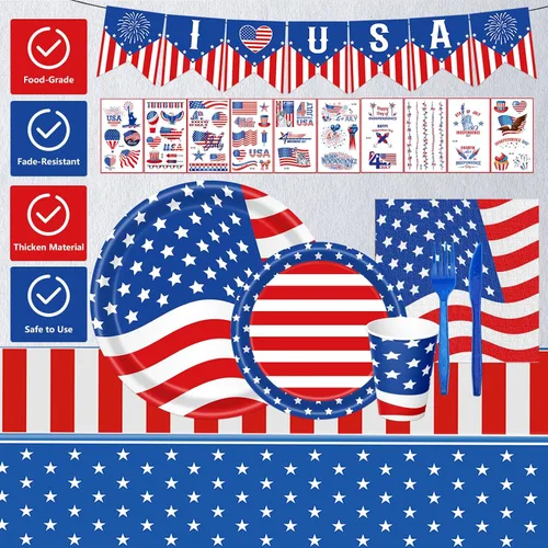 Miniatura 5 de 108 piezas de suministros para fiesta del 4 de julio, juego de vajilla con la bandera estadounidense, decoraciones patrióticas para fiestas