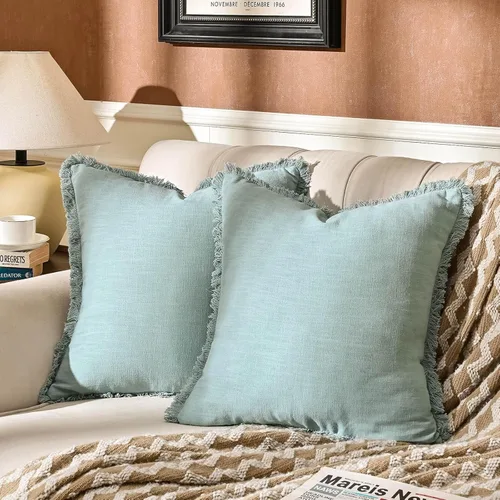 Miniatura 8 de AmHoo Paquete de 2 fundas de almohada de lino con borlas con flecos decorativas rústicas naturales para cojín de sofá, sofá, dormitorio 16 x 16 Beige