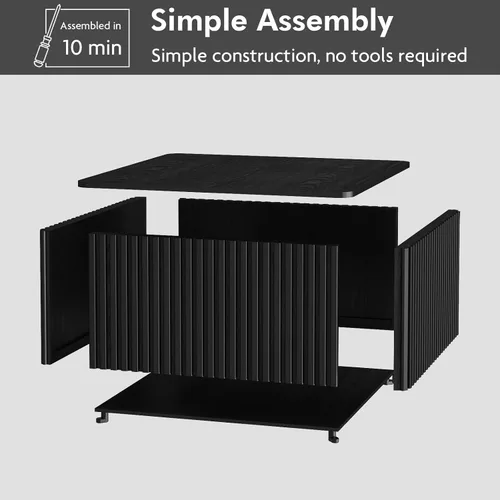 Miniatura 7 de Mesa de centro cuadrada acanalada con almacenamiento, mesa central grande de madera con parte superior de chapa de madera maciza, mesa de centro