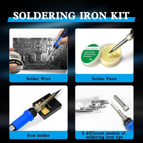Miniatura 5 de Kit de Hierro de Soldar, Kit de Hierro de Soldar de 80W con Pantalla LED de Temperatura Ajustable con Modo de Suspensión Automática, Incluye 5 Azul