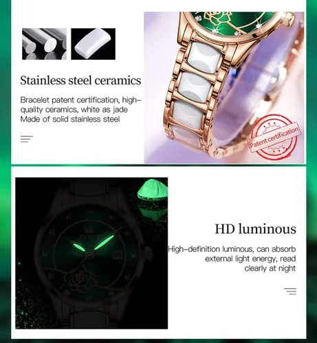Miniatura 5 de OLEVS Reloj de pulsera para mujer oro rosa elegante de cerámica para mujer de cuarzo acero inoxidable impermeable luminoso
