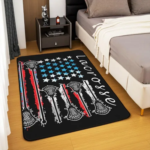 Miniatura 4 de jejeloiu Lacrosse - Alfombra decorativa de 3 x 5 pies para niños, diseño de bandera estadounidense, temática deportiva, para mujeres y hombres