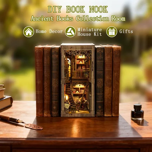Miniatura 6 de Kit de rincón de libros, kit de casa en miniatura para adultos y adolescentes, rompecabezas de madera 3D para decoración de estantería, regalos