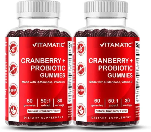 Vitamatic Paquete de 2 Gomitas Veganas de Arándano Rojo con D-Manosa, Probiótico y Vitamina C para la Salud del Tracto Urinario Femenino -