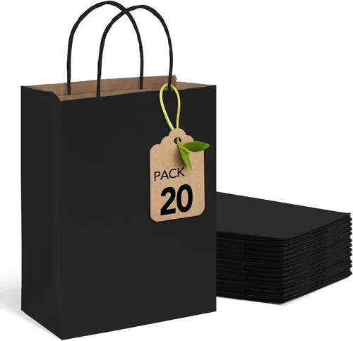 Miniatura 14 de Bolsas de regalo de papel kraft Mesha 200 unidades 5.25 x 3.75 x 8 pulgadas, pequeñas bolsas de papel negro con asas a granel para pequeñas