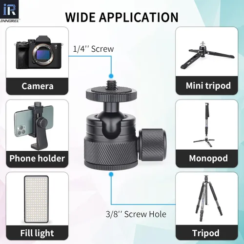 Miniatura 6 de Cabeza de bola mini-INNOREL C19 Montaje de trípode-CNC Metal de bajo perfil Cabeza de bola 360° Pan 90° Inclinación Montaje de trípode con adaptador
