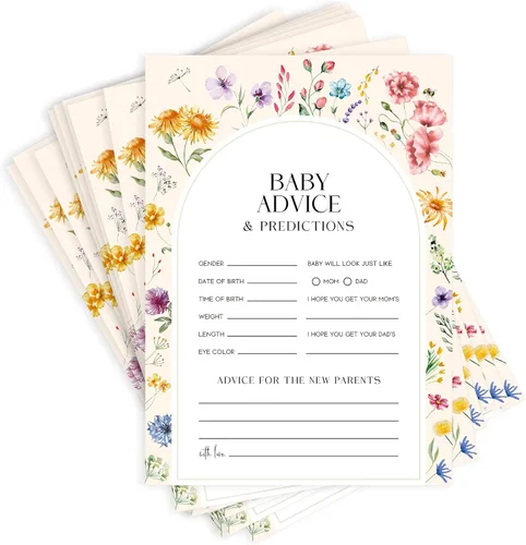 JOETMAE Tarjetas de juegos de baby shower de 5 x 7 pulgadas, predicciones florales y tarjeta de consejos, 50 tarjetas grandes de predicciones y
