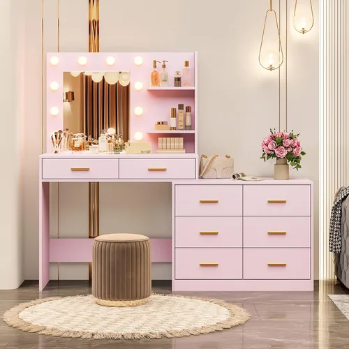 Miniatura 8 de GarveeHome Escritorio de maquillaje de 61 pulgadas con espejo y luces, tocador negro con 8 cajones de almacenamiento anchos y estantes de 2 niveles
