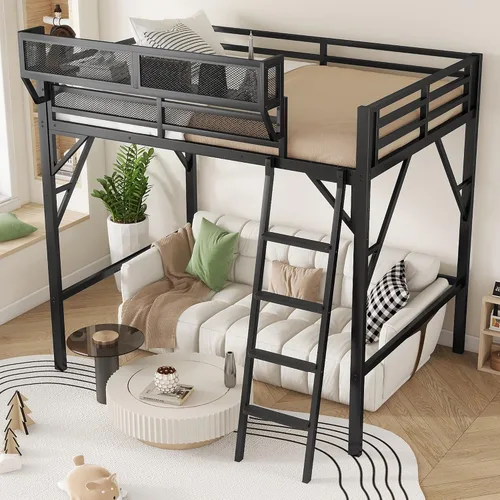 Miniatura 16 de Cama alta convertible de tamaño individual con escaleras de almacenamiento, estantes y armario, marco de cama de metal con barandilla de seguridad