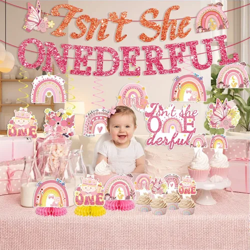 Miniatura 7 de 35 decoraciones de cumpleaños con texto en inglés "Isn't She Onederful", decoraciones de primer cumpleaños para niñas, fácil instalación, incluye
