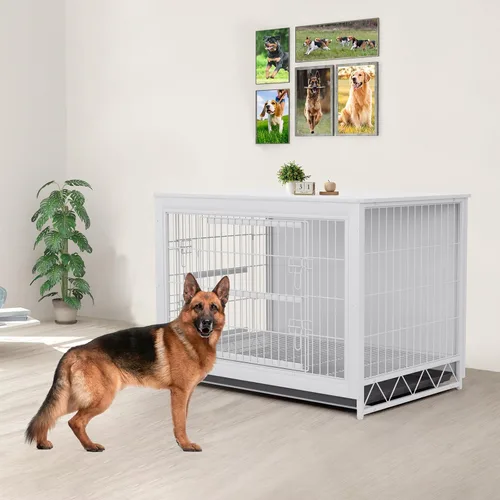 Miniatura 7 de TLSUNNY Muebles de jaula para perros, mesa auxiliar auxiliar de madera de 44.1 pulgadas, moderna perrera con puertas dobles, jaula resistente