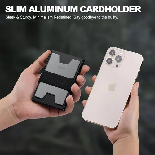 Miniatura 45 de Cartera delgada de aluminio para hombre, placa trasera expandible duradera, bloqueo RFID, billetera desplegable de metal minimalista, con capacidad