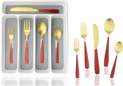 Miniatura 8 de JASHII - Juego de cubiertos con bandeja, 20 piezas de acero inoxidable cuadrado cubiertos servicio para 4, acabado mate, utensilios de alimentación