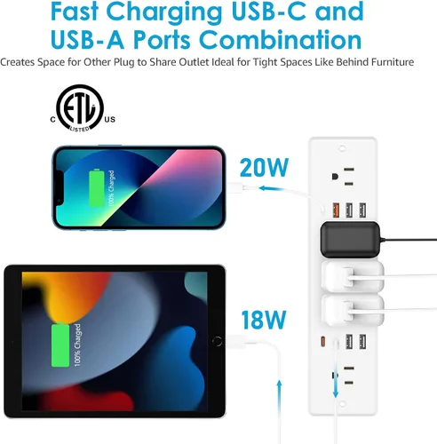 Miniatura 6 de HHSOET Enchufe plano de regleta de alimentación empotrada 13 en 1, toma de escritorio de carga rápida con USB, toma de corriente empotrada