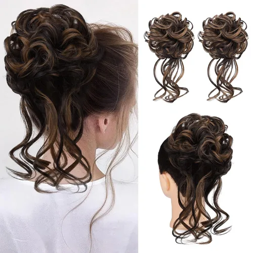 Miniatura 39 de HOOJIH 2 piezas de moño despeinado, recogido despeinado con mechones, extensiones de moño de cabello ondulado rizado, envoltorio de cabello, cola