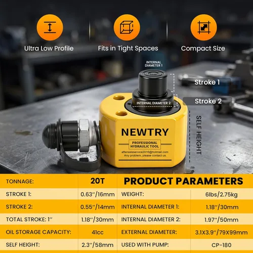 Miniatura 3 de NEWTRY Gato Hidráulico Ram Jack 20T Cilindro Hidráulico de Perfil Bajo Ram Jack Multisección Carrera de 1.2" Cilindro de Elevación Mini, Portátil
