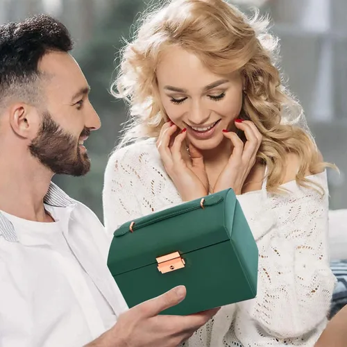 Miniatura 7 de Volance Joyero organizador para mujeres y niñas, 3 capas de piel sintética de tamaño mediano con cerradura y bandeja extraíble, para collares