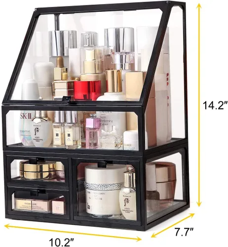 Miniatura 3 de MOOCHI Organizador de maquillaje cosmético de vidrio vintage negro con 3 cajones, juego de polvo impermeable para cosméticos, vitrina