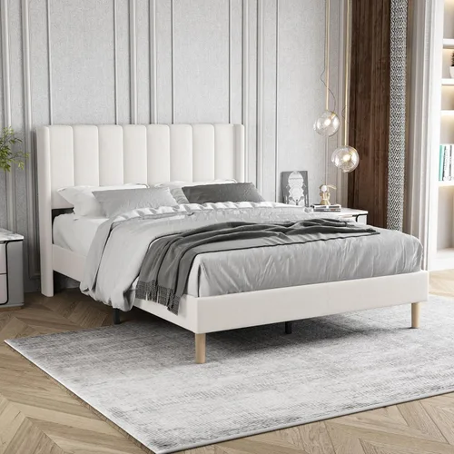 Marco de Cama Tapizada de Plataforma Tamaño Full con Cabecero, Soporte de Listones de Madera Resistentes, No Necesita Somier, Montaje Fácil, Beige