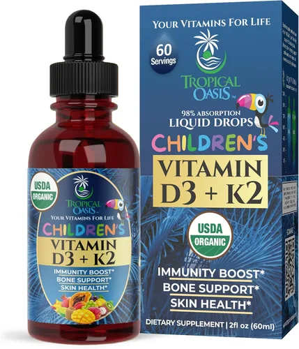 Gotas líquidas USDA orgánicas de vitamina D3 K2 | Suplemento de vitamina D3 K2 para niños y niños pequeños de 1 año en adelante | Suplemento para