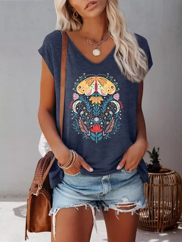 Miniatura 2 de Anbech Camisetas de manga casquillo para mujer, con cuello en V, estampado sólido, camisetas casuales