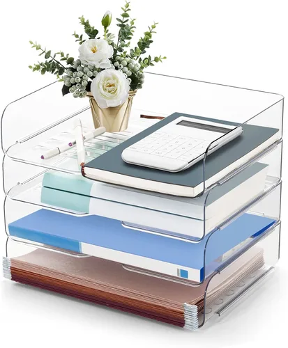 Organizador y almacenamiento de escritorio, 4 niveles, organizador de escritorio transparente apilable para documentos, almacenamiento de revistas