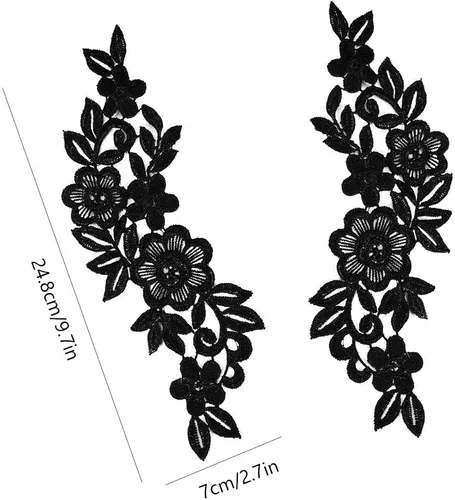 Miniatura 3 de GORGECRAFT 2 pares de parches de flores negras para ropa, apliques bordados, ramo de rosas bohemias, parches para coser, vestidos de novia, cuello
